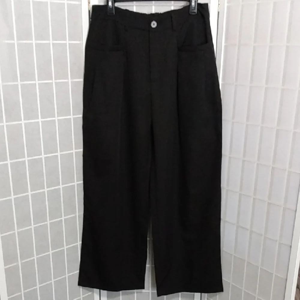 High-Rise Extra Wide-Leg Black Women's Pants W/Front Pockets - Large